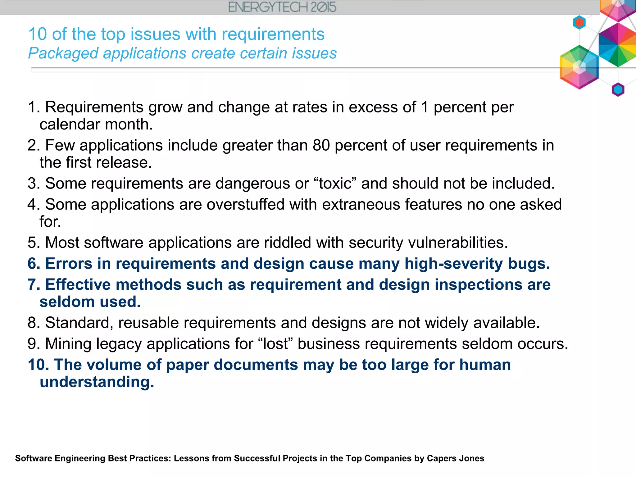 1. Requirements grow and change at rates in excess of 1 percent per
calendar month.
2. Few applications include greater than 80 percent of user requirements in
the first release.
3. Some requirements are dangerous or “toxic” and should not be included.
4. Some applications are overstuffed with extraneous features no one asked
for.
5. Most software applications are riddled with security vulnerabilities.
6. Errors in requirements and design cause many high-severity bugs.
7. Effective methods such as requirement and design inspections are
seldom used.
8. Standard, reusable requirements and designs are not widely available.
9. Mining legacy applications for “lost” business requirements seldom occurs.
10. The volume of paper documents may be too large for human
understanding.
10 of the top issues with requirements
Packaged applications create certain issues
Software Engineering Best Practices: Lessons from Successful Projects in the Top Companies by Capers Jones
 