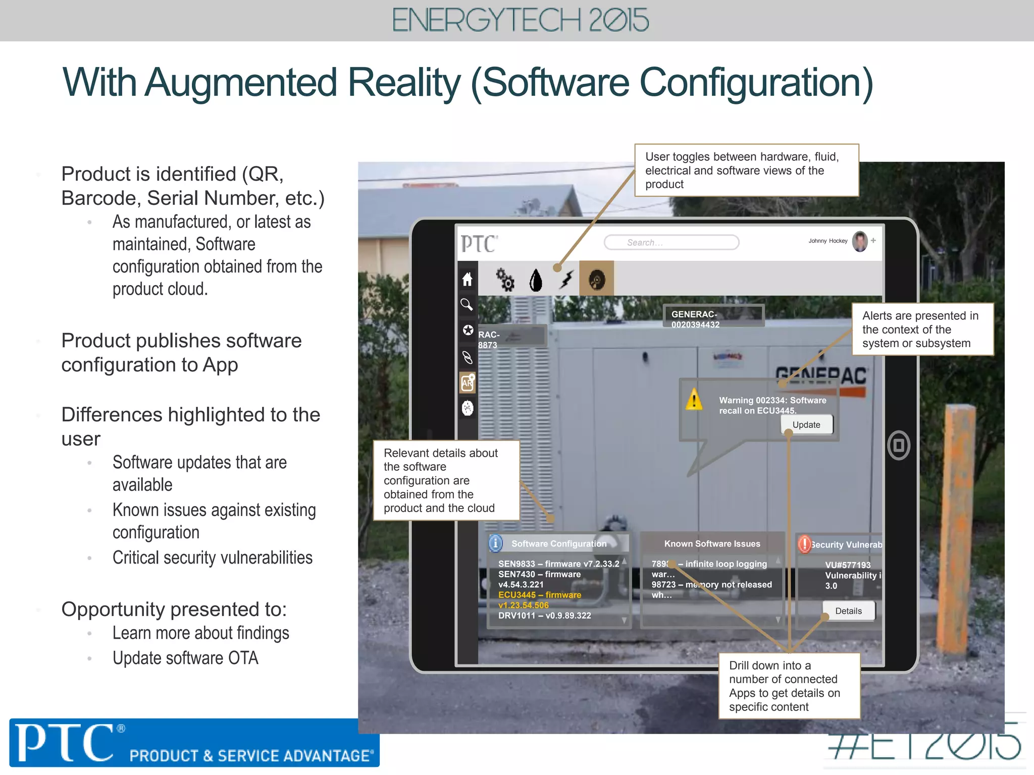 • Product is identified (QR,
Barcode, Serial Number, etc.)
• As manufactured, or latest as
maintained, Software
configuration obtained from the
product cloud.
• Product publishes software
configuration to App
• Differences highlighted to the
user
• Software updates that are
available
• Known issues against existing
configuration
• Critical security vulnerabilities
• Opportunity presented to:
• Learn more about findings
• Update software OTA
WithAugmented Reality (Software Configuration)
VU#577193
Vulnerability in SSL
3.0
Security Vulnerabilities
Details
78988 – infinite loop logging
war…
98723 – memory not released
wh…
Known Software Issues
GENERAC-
0020394432
GENERAC-
007898873
Johnny Hockey
Search… +

AR
+
User toggles between hardware, fluid,
electrical and software views of the
product
Relevant details about
the software
configuration are
obtained from the
product and the cloud
SEN9833 – firmware v7.2.33.2
SEN7430 – firmware
v4.54.3.221
ECU3445 – firmware
v1.23.54.506
DRV1011 – v0.9.89.322
Software Configuration
Warning 002334: Software
recall on ECU3445.
Update
Drill down into a
number of connected
Apps to get details on
specific content
Alerts are presented in
the context of the
system or subsystem
 