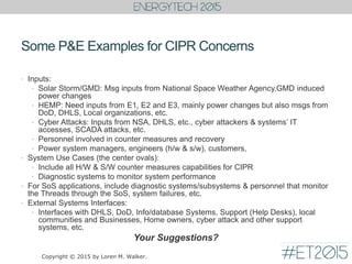 Some P&E Examples for CIPR Concerns
• Inputs:
• Solar Storm/GMD: Msg inputs from National Space Weather Agency,GMD induced
power changes
• HEMP: Need inputs from E1, E2 and E3, mainly power changes but also msgs from
DoD, DHLS, Local organizations, etc.
• Cyber Attacks: Inputs from NSA, DHLS, etc., cyber attackers & systems’ IT
accesses, SCADA attacks, etc.
• Personnel involved in counter measures and recovery
• Power system managers, engineers (h/w & s/w), customers,
• System Use Cases (the center ovals):
• Include all H/W & S/W counter measures capabilities for CIPR
• Diagnostic systems to monitor system performance
• For SoS applications, include diagnostic systems/subsystems & personnel that monitor
the Threads through the SoS, system failures, etc.
• External Systems Interfaces:
• Interfaces with DHLS, DoD, Info/database Systems, Support (Help Desks), local
communities and Businesses, Home owners, cyber attack and other support
systems, etc.
Your Suggestions?
Copyright © 2015 by Loren M. Walker.
 