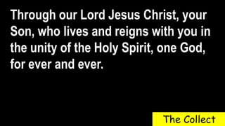 Through our Lord Jesus Christ, your
Son, who lives and reigns with you in
the unity of the Holy Spirit, one God,
for ever and ever.
The Collect
 