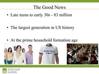 • Late teens to early 30s - 83 million
• The largest generation in US history
• At the prime household formation age
The Good News
 