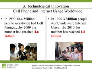 1-2 December 2009
3. Technological Innovation
Cell Phone and Internet Usage Worldwide
Source: United Nations Development Programme’s Human
Development Report., CIA World Factbook
• In 1990 12.4 Million
people worldwide had Cell
Phones….by 2009 the
number had reached 4.6
Billion.
• In 1990 3 Million people
worldwide were Internet
Users…by 2010 the
number has reached 1.8
Billion.
 