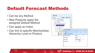 Default Forecast Methods
• Can be any Method
• New Products apply the
assigned Default Method
• Can apply an Index
• Can link to specific Merchandise
Hierarchy Level or Product
 
