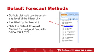 Default Forecast Methods
• Default Methods can be set on
any level of the Hierarchy
• Identified by the blue dot
• Sets the Default Forecast
Method for assigned Products
below that Level
 