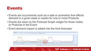 Events
• Events are occurrences such as a sale or promotion that affects
demand in a given week or weeks for one or more Products
• Events are seen on the Forecast Graph widget for those nodes
or Products in the Event
• Event demand impact is added into the final forecasts
 