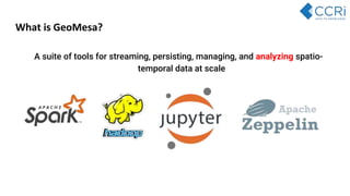 What is GeoMesa?
A suite of tools for streaming, persisting, managing, and analyzing spatio-
temporal data at scale
 