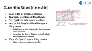 ● Goal: Index 2+ dimensional data
● Approach: Use Space Filling Curves
● First, ‘grid’ the data space into bins.
● Next, order the grid cells with a space
filling curve.
○ Label the grid cells by the order that the curve
visits the them.
○ Associate the data in that grid cell with a byte
representation of the label.
● We prefer “good” space filling curves:
○ Want recursive curves and locality.
Space Filling Curves (in one slide!)
 