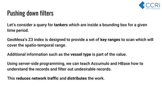 Pushing down filters
Let’s consider a query for tankers which are inside a bounding box for a given
time period.
GeoMesa’s Z3 index is designed to provide a set of key ranges to scan which will
cover the spatio-temporal range.
Additional information such as the vessel type is part of the value.
Using server-side programming, we can teach Accumulo and HBase how to
understand the records and filter out undesirable records.
This reduces network traffic and distributes the work.
 
