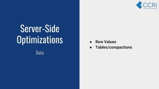 Server-Side
Optimizations
Data
● Row Values
● Tables/compactions
 