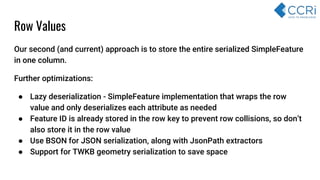 Row Values
Our second (and current) approach is to store the entire serialized SimpleFeature
in one column.
Further optimizations:
● Lazy deserialization - SimpleFeature implementation that wraps the row
value and only deserializes each attribute as needed
● Feature ID is already stored in the row key to prevent row collisions, so don’t
also store it in the row value
● Use BSON for JSON serialization, along with JsonPath extractors
● Support for TWKB geometry serialization to save space
 