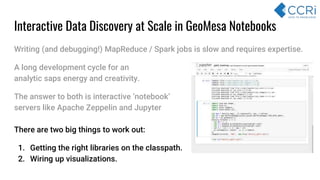 Interactive Data Discovery at Scale in GeoMesa Notebooks
Writing (and debugging!) MapReduce / Spark jobs is slow and requires expertise.
A long development cycle for an
analytic saps energy and creativity.
The answer to both is interactive ‘notebook’
servers like Apache Zeppelin and Jupyter
There are two big things to work out:
1. Getting the right libraries on the classpath.
2. Wiring up visualizations.
 