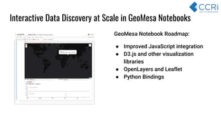 Interactive Data Discovery at Scale in GeoMesa Notebooks
GeoMesa Notebook Roadmap:
● Improved JavaScript integration
● D3.js and other visualization
libraries
● OpenLayers and Leaflet
● Python Bindings
 