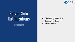 Server-Side
Optimizations
Aggregations
● Generating heatmaps
● Descriptive Stats
● Arrow format
 