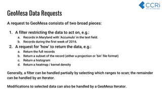 A request to GeoMesa consists of two broad pieces:
1. A filter restricting the data to act on, e.g.:
a. Records in Marylan...