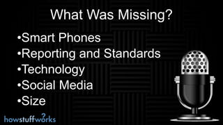 What Was Missing?
•Smart Phones
•Reporting and Standards
•Technology
•Social Media
•Size
 