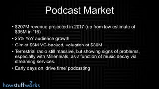 Podcast Market
• $207M revenue projected in 2017 (up from low estimate of
$35M in ‘16)
• 25% YoY audience growth
• Gimlet $6M VC-backed, valuation at $30M
• Terrestrial radio still massive, but showing signs of problems,
especially with Millennials, as a function of music decay via
streaming services.
• Early days on ‘drive time’ podcasting
 