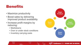 Benefits
• Maximize productivity
• Boost sales by delivering
improved product availability
• Increase profit margins by
reducing:
• Markdowns
• Over or under stock conditions
• Inventory carrying costs
Right
Product
Right
Quantity
Right
Place
Right
Time
 