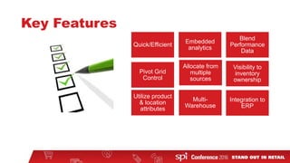Key Features
Quick/Efficient
Embedded
analytics
Blend
Performance
Data
Pivot Grid
Control
Visibility to
inventory
ownership
Multi-
Warehouse
Allocate from
multiple
sources
Utilize product
& location
attributes
Integration to
ERP
 