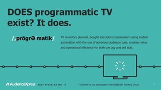 3
DOES programmatic TV
exist? It does.
/,prōgrƏ’matik/ TV inventory planned, bought and sold on impressions using system
automation with the use of advanced audience data, creating value
and operational efficiency for both the buy and sell side.
* Defined by our participation with GABBCON Working Group
 