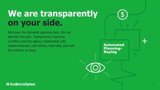 We are transparently
on your side.
We know the demands agencies face. We can
alleviate the pain. Transparency improves
workflow and the agency relationship with
AudienceXpress, with clients, internally, and with
the industry at large.
55
 