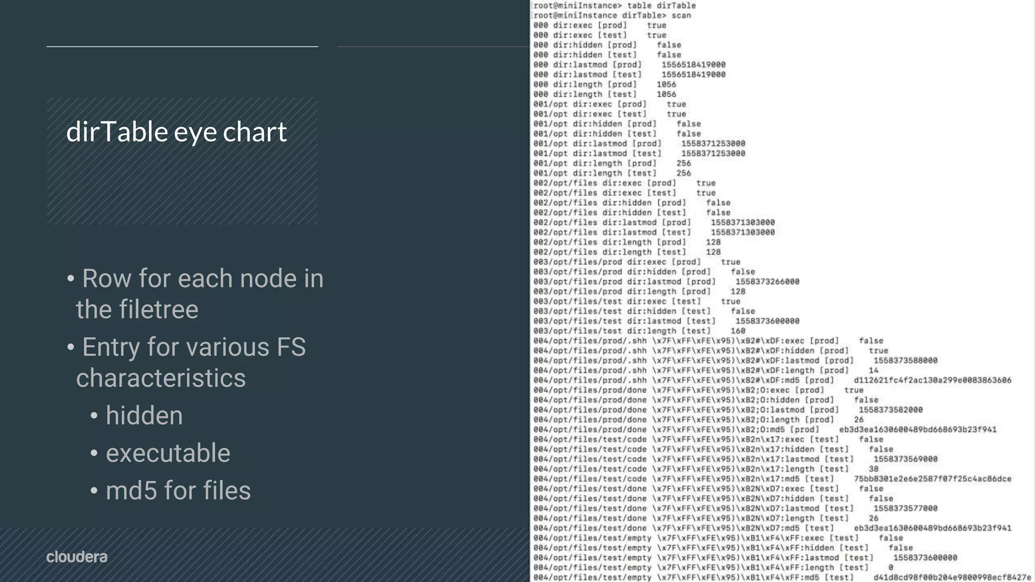 © Cloudera, Inc. All rights reserved. 12
dirTable eye chart
• Row for each node in
the filetree
• Entry for various FS
characteristics
• hidden
• executable
• md5 for files
 
