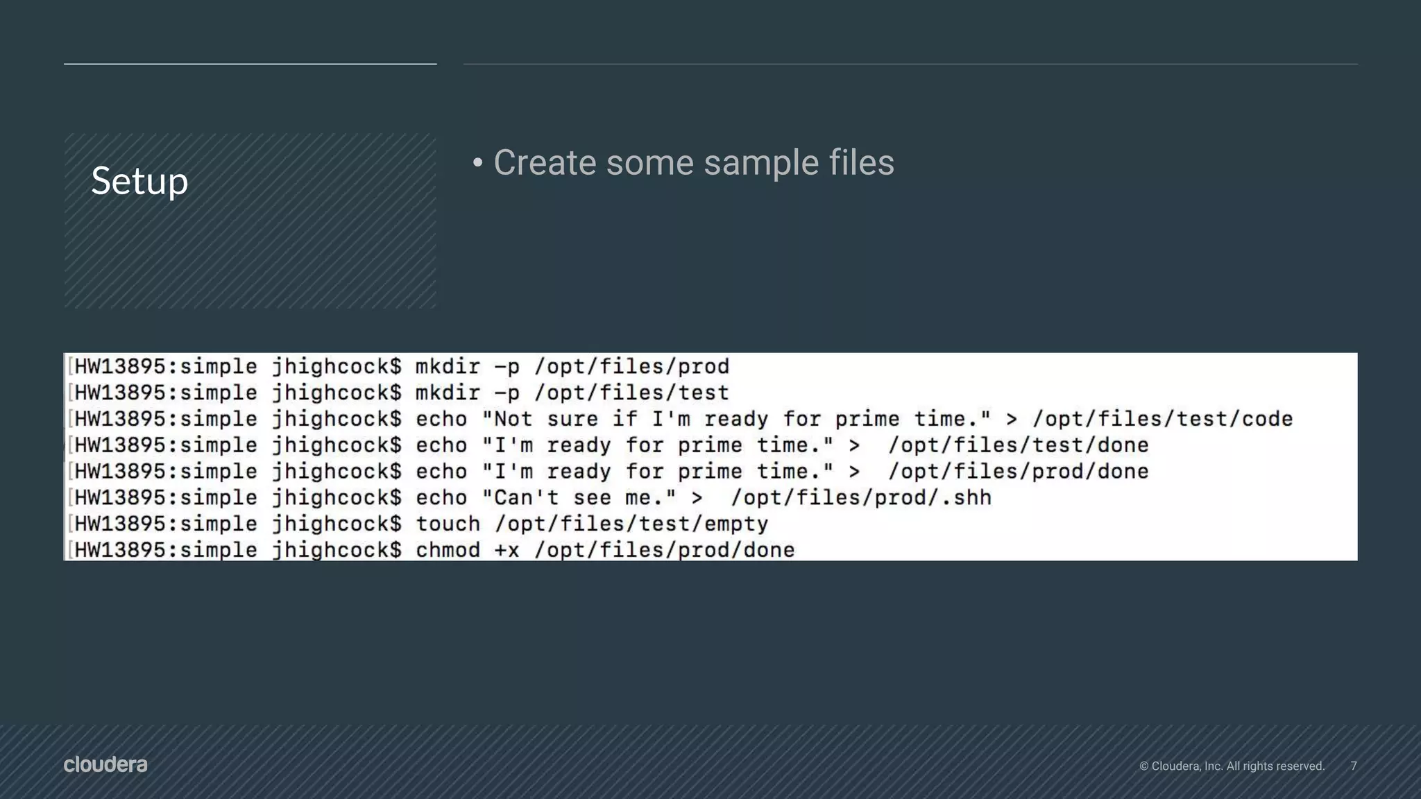 © Cloudera, Inc. All rights reserved. 7
Setup
• Create some sample files
 