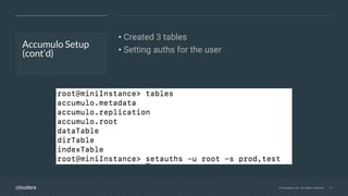 © Cloudera, Inc. All rights reserved. 11
Accumulo Setup
(cont’d)
• Created 3 tables
• Setting auths for the user
 