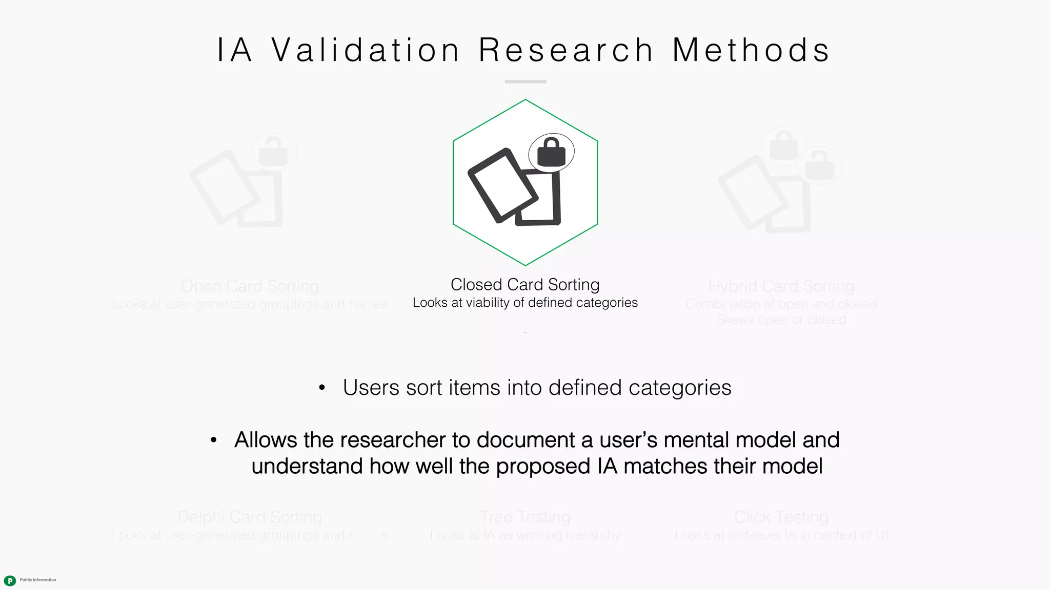 IA Va l i da ti o n R e s e a r c h M e th o ds
Tree Testing
Looks at IA as working hierarchy
Closed Card Sorting
Looks at viability of defined categories
Click Testing
Looks at first-level IA in context of UI
Hybrid Card Sorting
Combination of open and closed
Skews open or closed
Open Card Sorting
Looks at user-generated groupings and names
Delphi Card Sorting
Looks at user-generated groupings and names
• Users sort items into defined categories
• Allows the researcher to document a user’s mental model and
understand how well the proposed IA matches their model
 