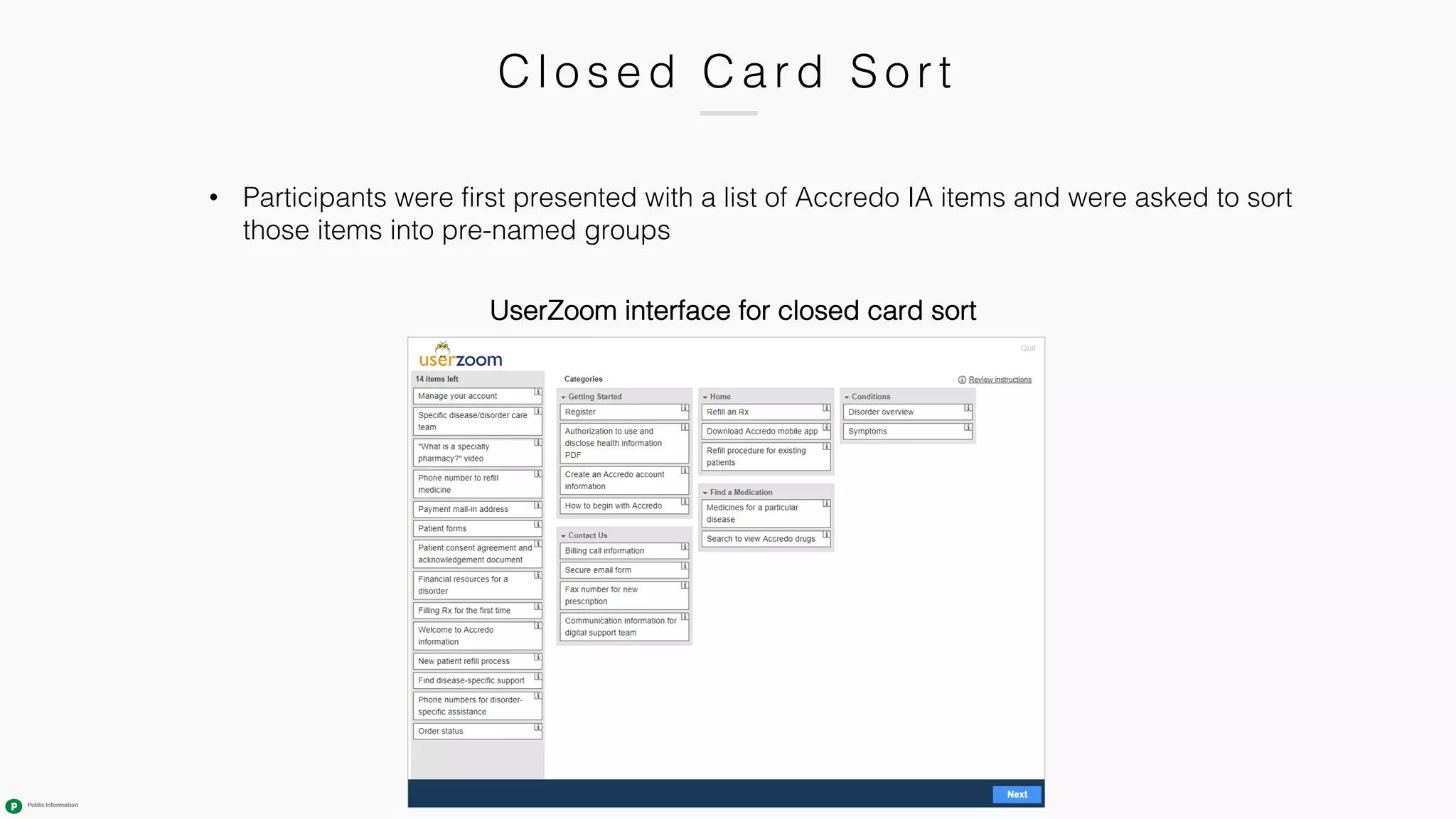 C l osed C ard Sort
• Participants were first presented with a list of Accredo IA items and were asked to sort
those items into pre-named groups
UserZoom interface for closed card sort
 