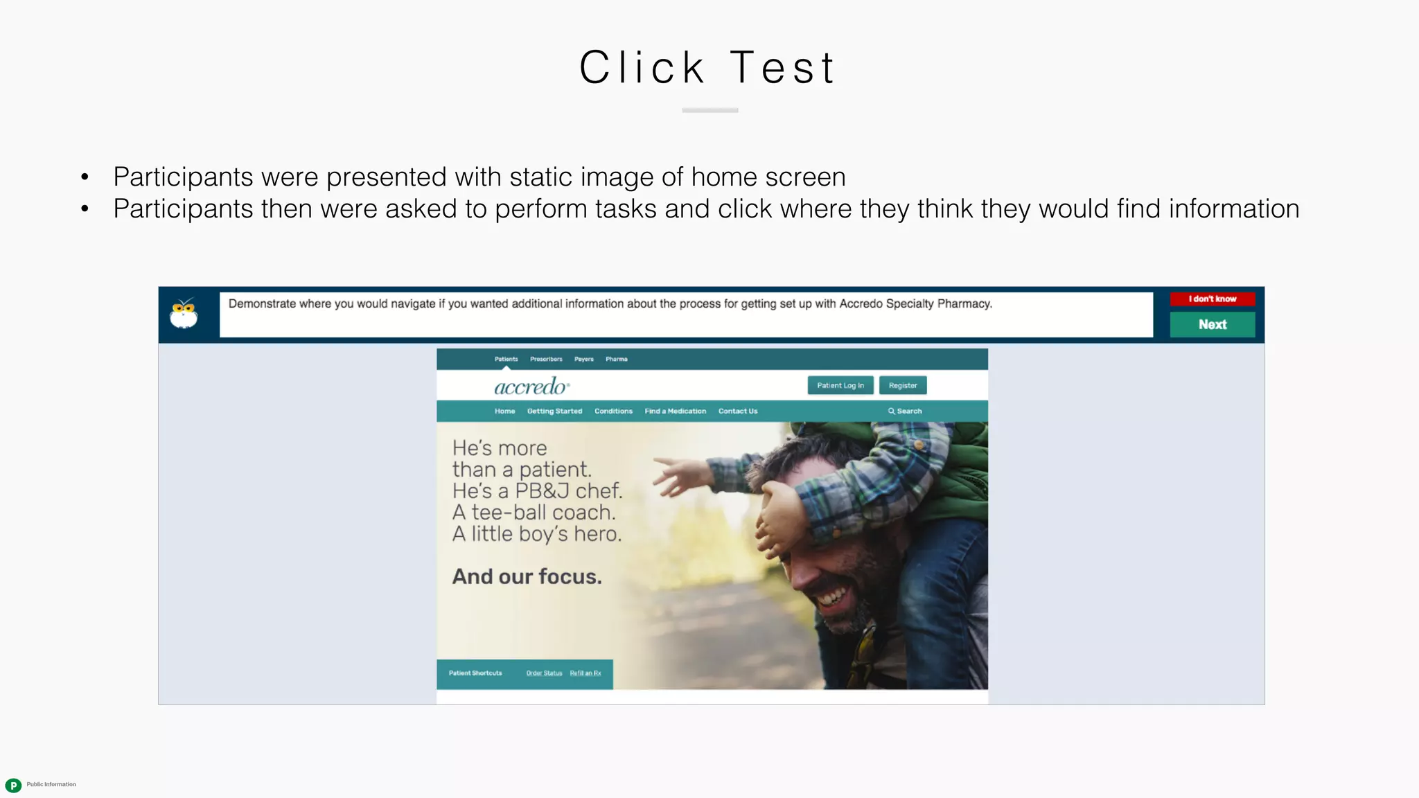 C l i ck Test
• Participants were presented with static image of home screen
• Participants then were asked to perform tasks and click where they think they would find information
 