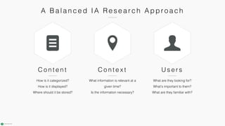 How is it categorized?
How is it displayed?
Where should it be stored?
What information is relevant at a
given time?
Is the information necessary?
What are they looking for?
What’s important to them?
What are they familiar with?
C o n t e n t C o n t e x t U s e r s
A Ba l a n c e d IA Re se a r c h Appr o a c h
 
