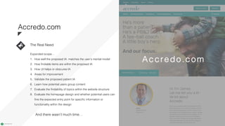 www.nicecompany.comCOMPANY NAME
The Real Need
Expanded scope…
1. How well the proposed IA matches the user’s mental model
2. How findable items are within the proposed IA
3. How UI helps or obscures IA
4. Areas for improvement
5. Validate the proposed patient IA
6. Learn how potential users group content
7. Evaluate the findability of topics within the website structure
8. Evaluate the homepage design and whether potential users can
fine the expected entry point for specific information or
functionality within the design
And there wasn’t much time…
Accredo.com
Accredo.com
 