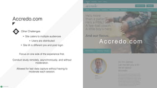 www.nicecompany.comCOMPANY NAME
• Site caters to multiple audiences
• Users are distributed
• Site IA is different pre and post login
Focus on one side of the experience first.
Conduct study remotely, asynchronously, and without
moderation.
Allowed for fast data capture without having to
moderate each session.
Accredo.com
Accredo.com
Other Challenges
 