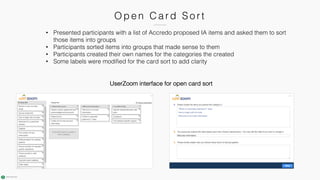 Ope n C a r d So r t
• Presented participants with a list of Accredo proposed IA items and asked them to sort
those items into groups
• Participants sorted items into groups that made sense to them
• Participants created their own names for the categories the created
• Some labels were modified for the card sort to add clarity
UserZoom interface for open card sort
 