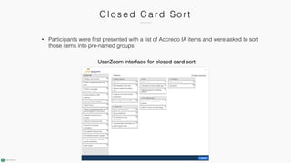 C l osed C ard Sort
• Participants were first presented with a list of Accredo IA items and were asked to sort
those items into pre-named groups
UserZoom interface for closed card sort
 