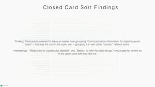 C l osed C ard Sort Fi ndi ngs
Finding: Participants seemed to have an easier time grouping “Communication information for digital support
team” – this was the runt in the open sort – grouping it in with other “contact” related items.
Interestingly, “Medicines for a particular disease” and “Search to view Accredo drugs” hung together, where as
in the open card sort they did not.
 