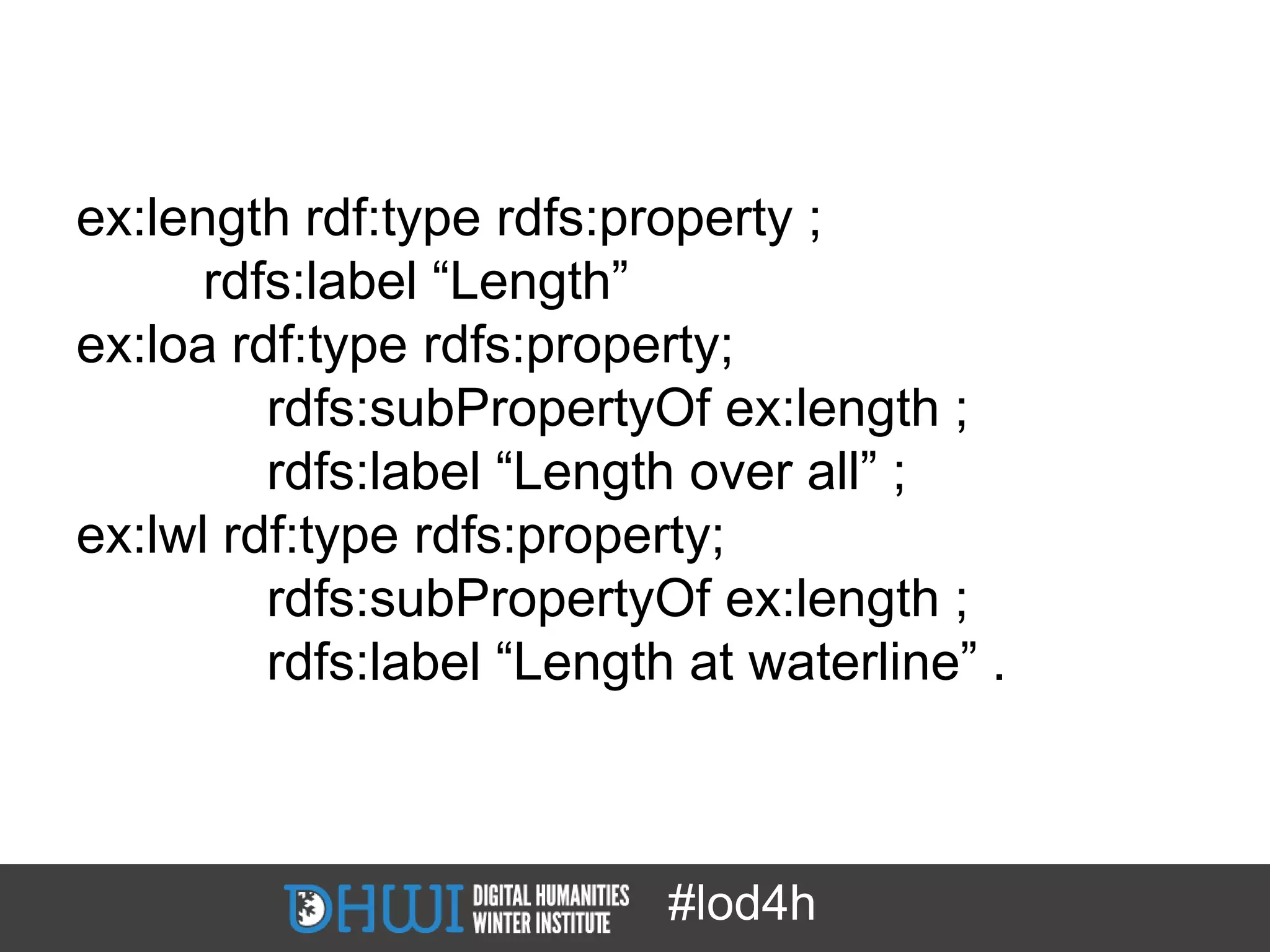 ex:length rdf:type rdfs:property ;
      rdfs:label “Length”
ex:loa rdf:type rdfs:property;
         rdfs:subPropertyOf ex:length ;
         rdfs:label “Length over all” ;
ex:lwl rdf:type rdfs:property;
         rdfs:subPropertyOf ex:length ;
         rdfs:label “Length at waterline” .



                           #lod4h
 