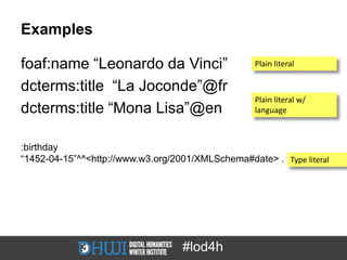 Examples

foaf:name “Leonardo da Vinci”                      Plain literal

dcterms:title “La Joconde”@fr
                                                   Plain literal w/
dcterms:title “Mona Lisa”@en                       language



:birthday
“1452-04-15”^^<http://www.w3.org/2001/XMLSchema#date> . Type literal




                                   #lod4h
 