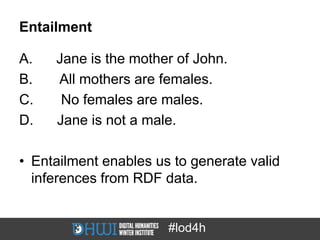Entailment

A.   Jane is the mother of John.
B.   All mothers are females.
C.    No females are males.
D.   Jane is not a male.

• Entailment enables us to generate valid
  inferences from RDF data.


                       #lod4h
 