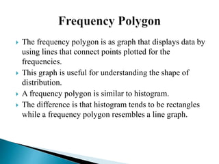  The frequency polygon is as graph that displays data by
using lines that connect points plotted for the
frequencies.
 This graph is useful for understanding the shape of
distribution.
 A frequency polygon is similar to histogram.
 The difference is that histogram tends to be rectangles
while a frequency polygon resembles a line graph.
 