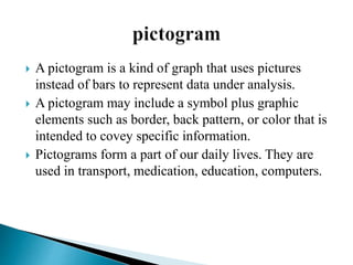  A pictogram is a kind of graph that uses pictures
instead of bars to represent data under analysis.
 A pictogram may include a symbol plus graphic
elements such as border, back pattern, or color that is
intended to covey specific information.
 Pictograms form a part of our daily lives. They are
used in transport, medication, education, computers.
 