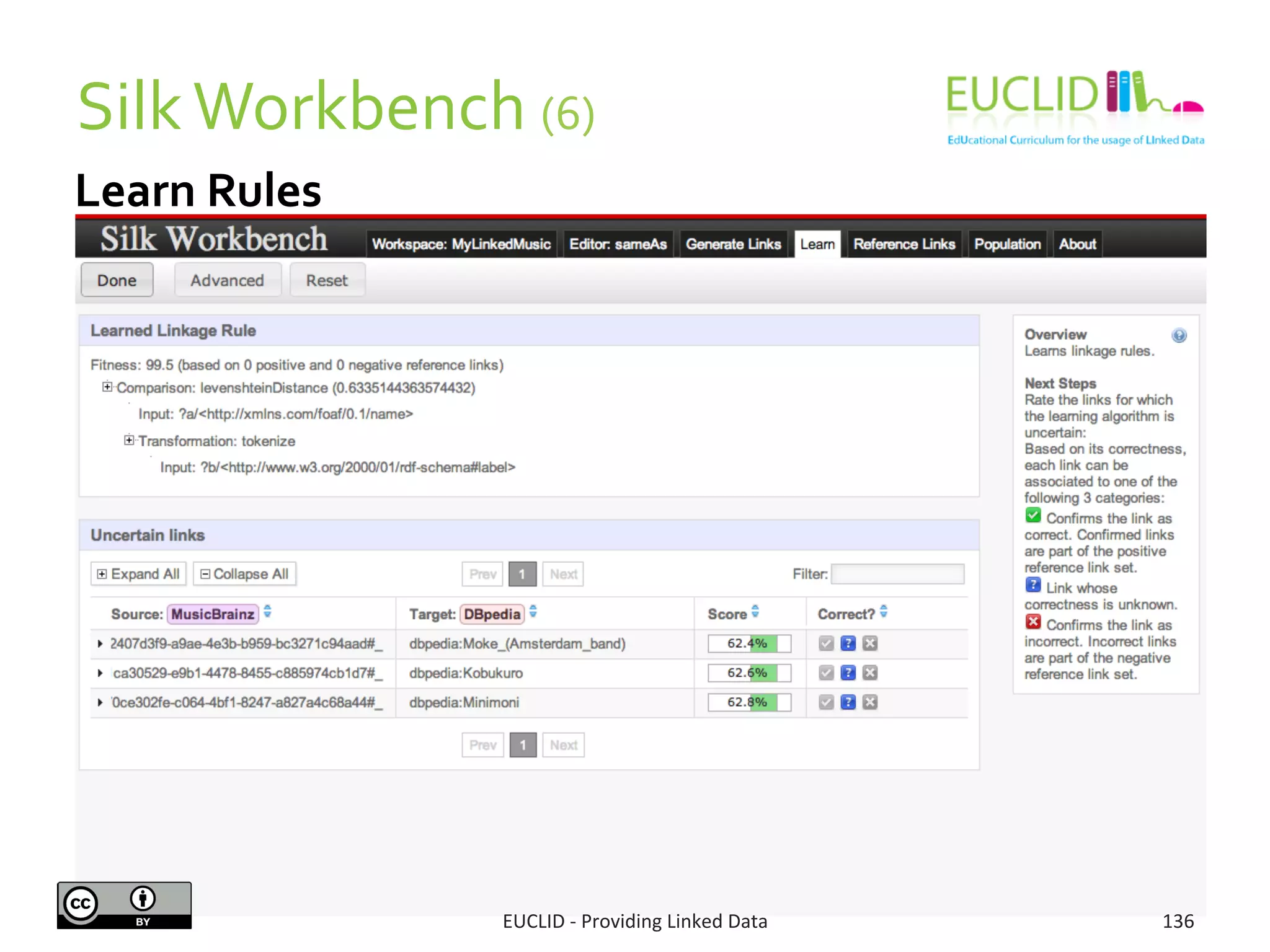 Learn	
  Rules	
  
	
  
	
  
	
  
	
  
	
  
	
  
Silk	
  Workbench	
  (6)	
  
EUCLID	
  -­‐	
  Providing	
  Linked	
  Data	
   136	
  
 