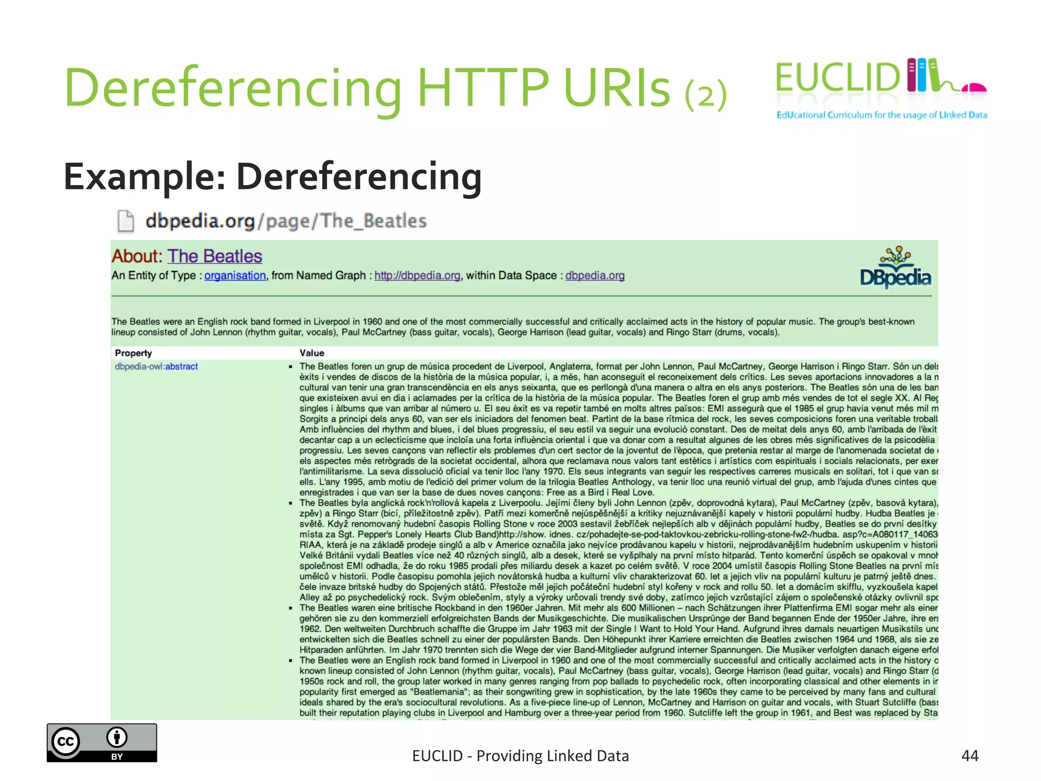 Dereferencing	
  HTTP	
  URIs	
  (2)	
  
Example:	
  Dereferencing	
  
EUCLID	
  -­‐	
  Providing	
  Linked	
  Data	
   44	
  
 