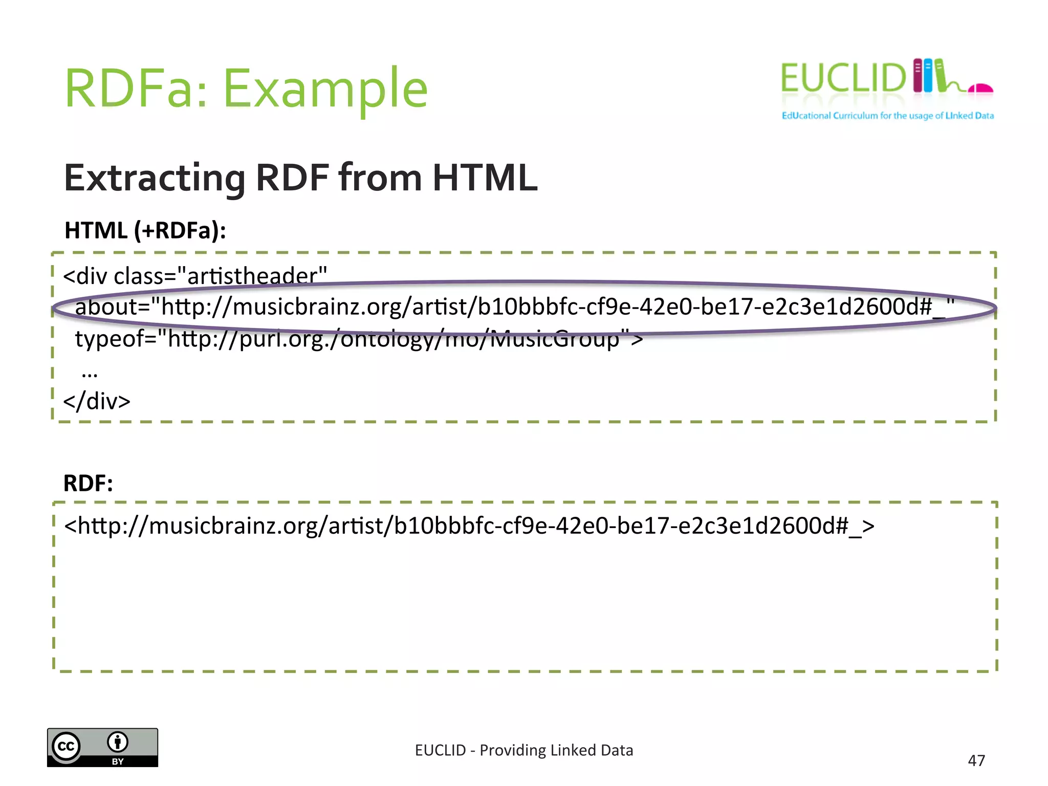 RDFa:	
  Example	
  	
  
Extracting	
  RDF	
  from	
  HTML	
  
EUCLID	
  -­‐	
  Providing	
  Linked	
  Data	
  
	
  
47	
  
<div	
  class="ar3stheader"	
  	
  
	
  	
  about="hjp://musicbrainz.org/ar3st/b10bbbfc-­‐cf9e-­‐42e0-­‐be17-­‐e2c3e1d2600d#_"	
  	
  	
  
	
  	
  typeof="hjp://purl.org./ontology/mo/MusicGroup">	
  
	
  	
  	
  …	
  
</div>	
  
<hjp://musicbrainz.org/ar3st/b10bbbfc-­‐cf9e-­‐42e0-­‐be17-­‐e2c3e1d2600d#_>	
  
	
  
	
  
	
  
	
  
HTML	
  (+RDFa):	
  
RDF:	
  
 