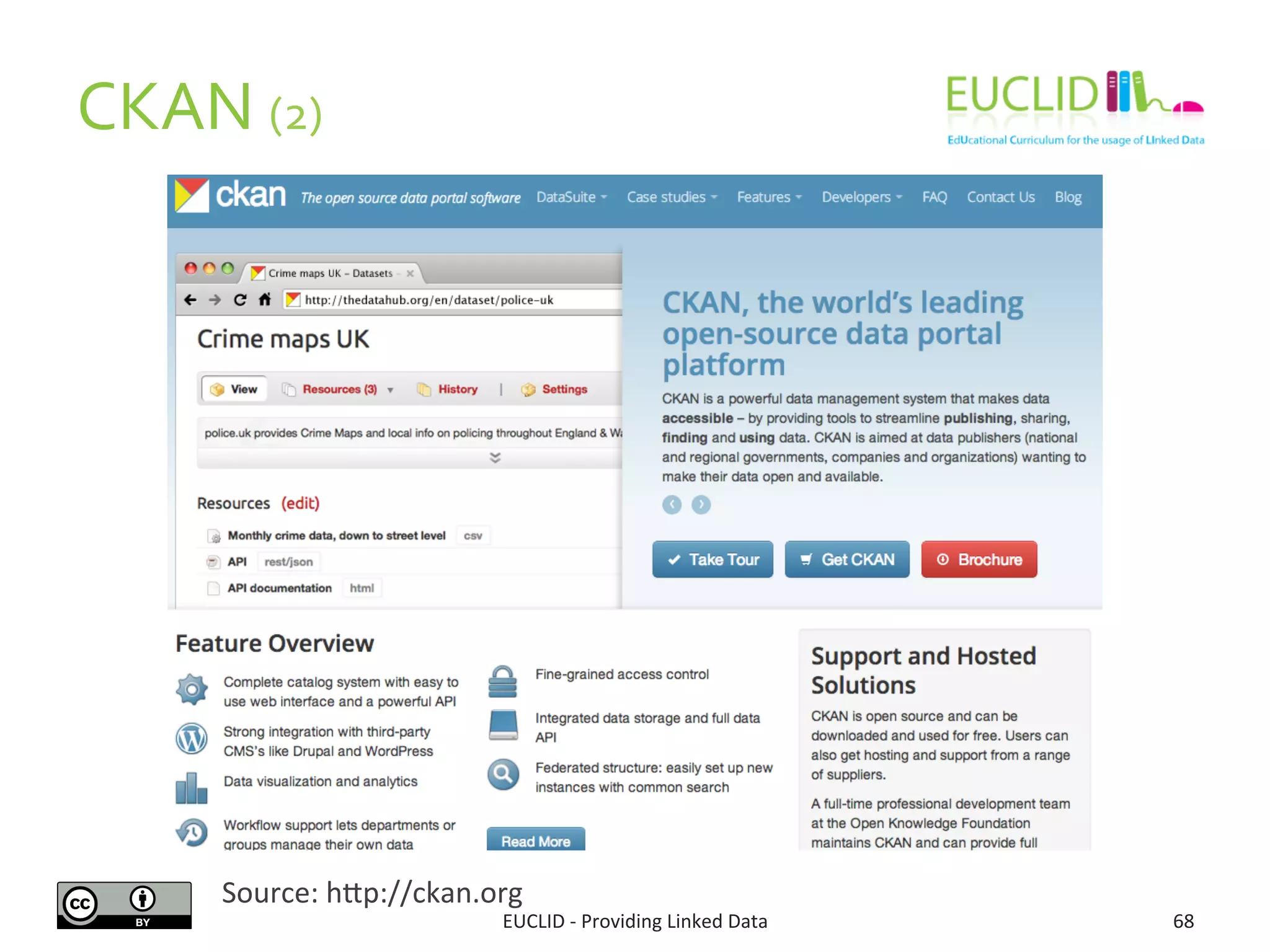CKAN	
  (2)	
  
EUCLID	
  -­‐	
  Providing	
  Linked	
  Data	
   68	
  
Source:	
  hjp://ckan.org	
  
 