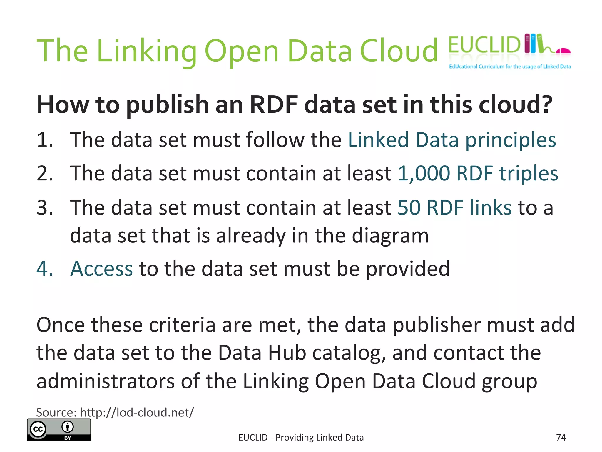 The	
  Linking	
  Open	
  Data	
  Cloud	
  
How	
  to	
  publish	
  an	
  RDF	
  data	
  set	
  in	
  this	
  cloud?	
  
1.  The	
  data	
  set	
  must	
  follow	
  the	
  Linked	
  Data	
  principles	
  
2.  The	
  data	
  set	
  must	
  contain	
  at	
  least	
  1,000	
  RDF	
  triples	
  
3.  The	
  data	
  set	
  must	
  contain	
  at	
  least	
  50	
  RDF	
  links	
  to	
  a	
  
data	
  set	
  that	
  is	
  already	
  in	
  the	
  diagram	
  
4.  Access	
  to	
  the	
  data	
  set	
  must	
  be	
  provided	
  
Once	
  these	
  criteria	
  are	
  met,	
  the	
  data	
  publisher	
  must	
  add	
  
the	
  data	
  set	
  to	
  the	
  Data	
  Hub	
  catalog,	
  and	
  contact	
  the	
  
administrators	
  of	
  the	
  Linking	
  Open	
  Data	
  Cloud	
  group	
  
EUCLID	
  -­‐	
  Providing	
  Linked	
  Data	
   74	
  
Source:	
  hjp://lod-­‐cloud.net/	
  
 