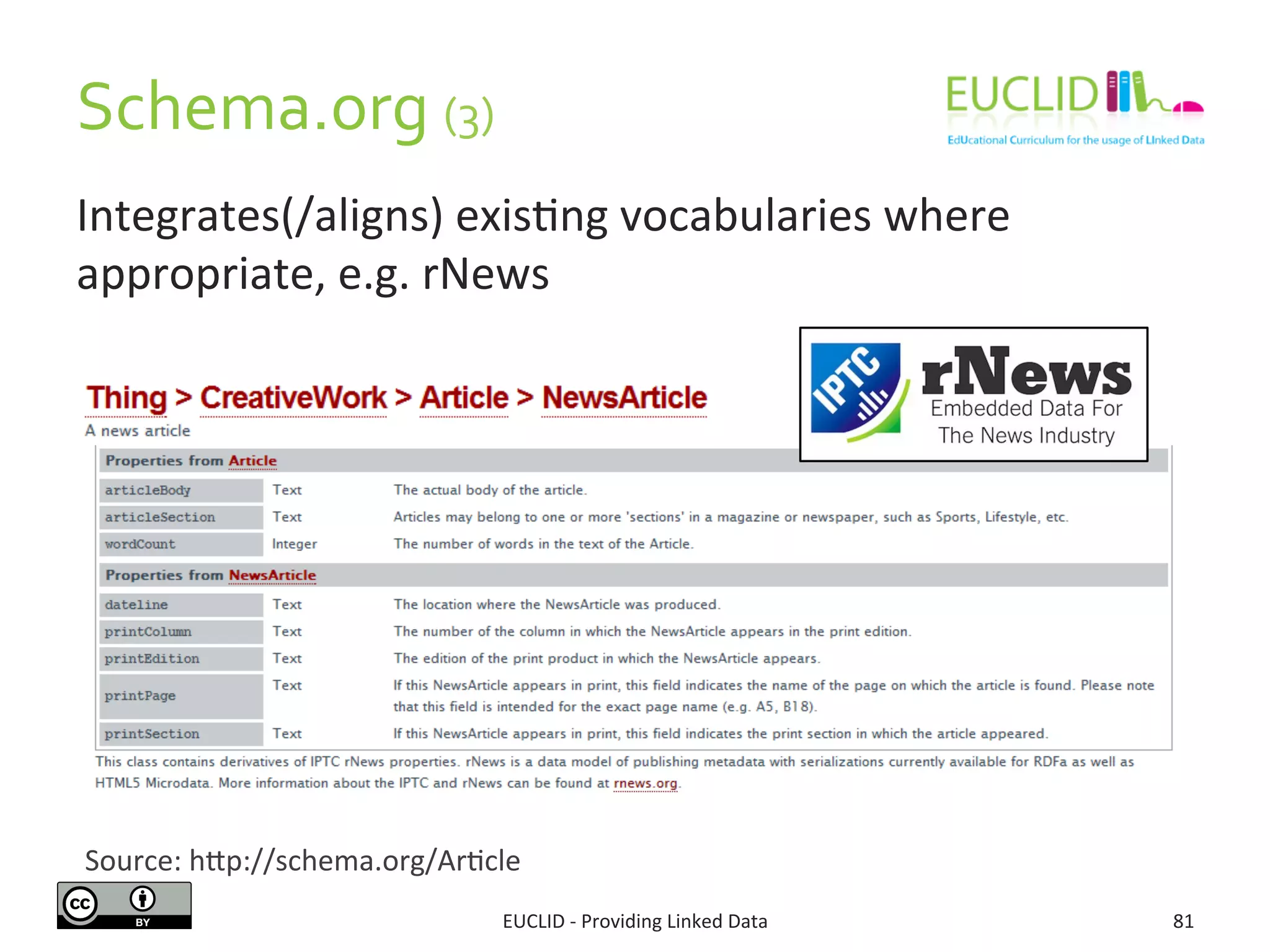 EUCLID	
  -­‐	
  Providing	
  Linked	
  Data	
   81	
  
Integrates(/aligns)	
  exis3ng	
  vocabularies	
  where	
  
appropriate,	
  e.g.	
  rNews	
  
Source:	
  hjp://schema.org/Ar3cle	
  
Schema.org	
  (3)	
  
 