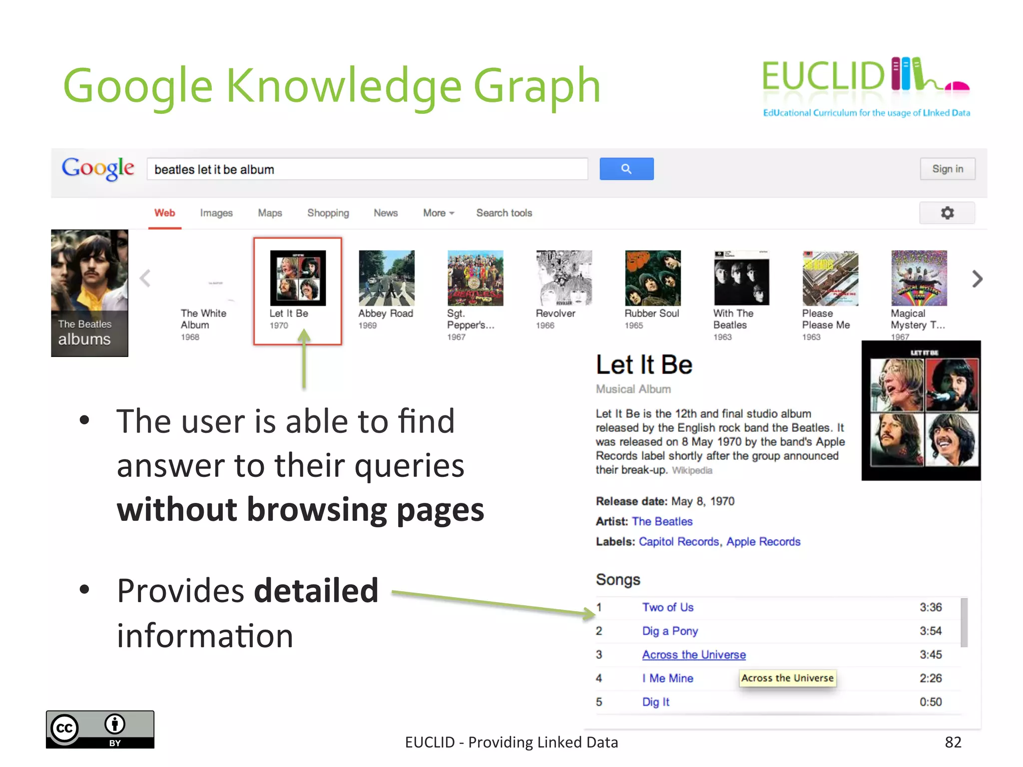 Google	
  Knowledge	
  Graph	
  
EUCLID	
  -­‐	
  Providing	
  Linked	
  Data	
   82	
  
•  The	
  user	
  is	
  able	
  to	
  ﬁnd	
  
answer	
  to	
  their	
  queries	
  
without	
  browsing	
  pages	
  
•  Provides	
  detailed	
  
informa3on	
  
	
  
 