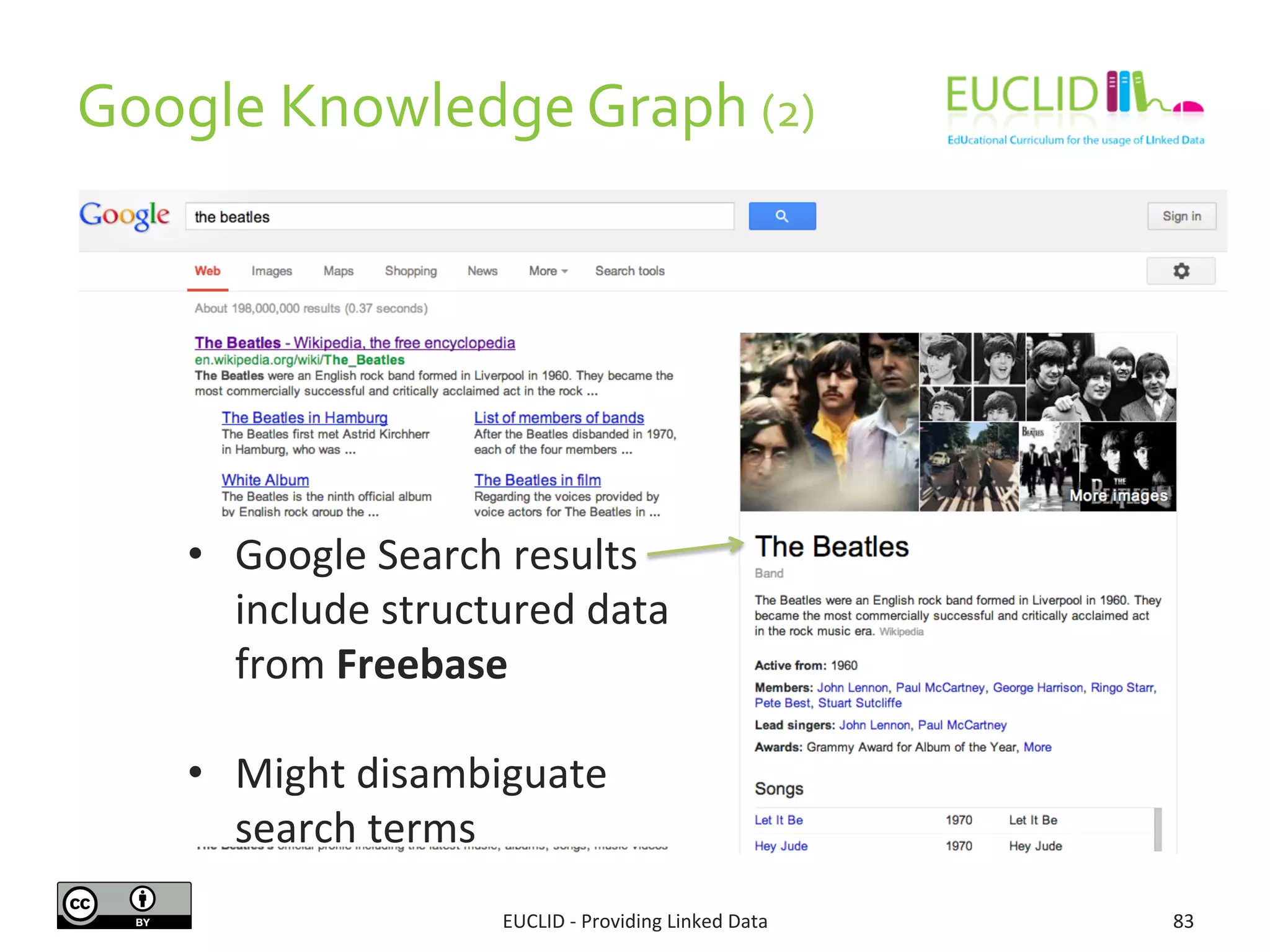 Google	
  Knowledge	
  Graph	
  (2)	
  
EUCLID	
  -­‐	
  Providing	
  Linked	
  Data	
   83	
  
•  Google	
  Search	
  results	
  
	
  include	
  structured	
  data	
  
from	
  Freebase	
  
	
  
•  Might	
  disambiguate	
  
search	
  terms	
  
 