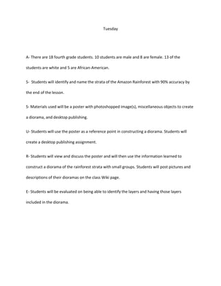 Tuesday
A- There are 18 fourth grade students. 10 students are male and 8 are female. 13 of the
students are white and 5 are African-American.
S- Students will identify and name the strata of the Amazon Rainforest with 90% accuracy by
the end of the lesson.
S- Materials used will be a poster with photoshopped image(s), miscellaneous objects to create
a diorama, and desktop publishing.
U- Students will use the poster as a reference point in constructing a diorama. Students will
create a desktop publishing assignment.
R- Students will view and discuss the poster and will then use the information learned to
construct a diorama of the rainforest strata with small groups. Students will post pictures and
descriptions of their dioramas on the class Wiki page.
E- Students will be evaluated on being able to identify the layers and having those layers
included in the diorama.
 